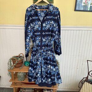 Lane Bryant 22 Long Sleeve Belted midi shirt dress blue black